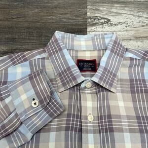 Untuckit Blue Tan‎ Mens Medium Slim Fit Madras Plaid Long Sleeve Button Up Shirt